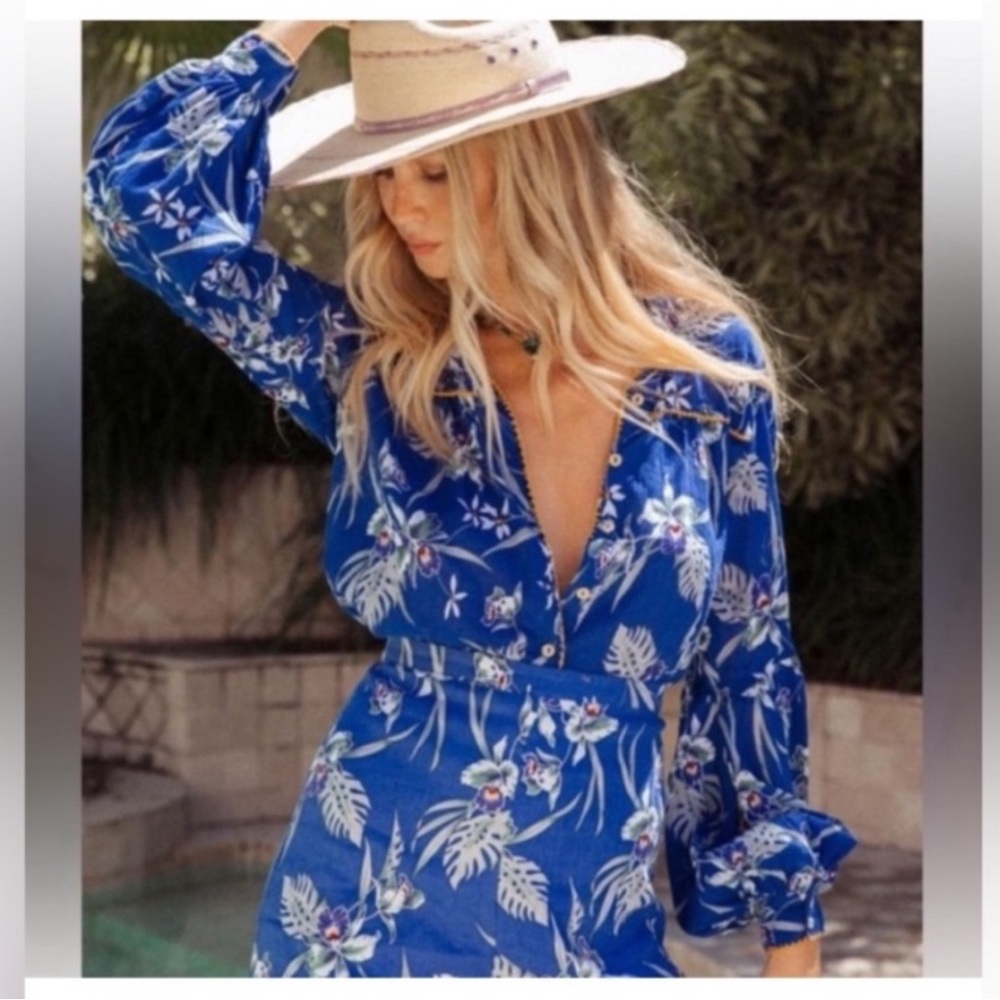 Chasing Unicorns💫 Hawaiian Sunset Cotton Poet Sleeve Blouse sz S